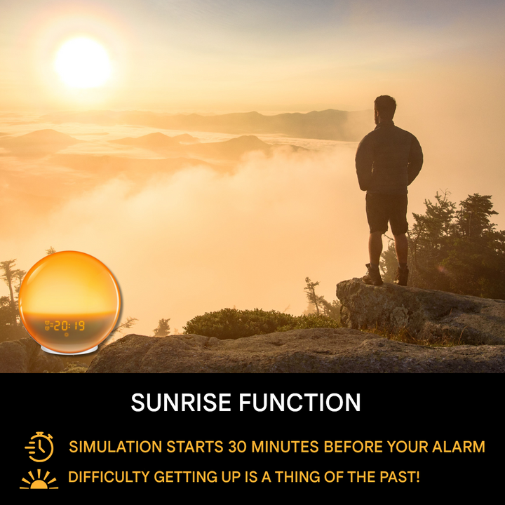 Bedroom alarm clock featuring gentle wake-up light, sound machine, and sunrise/sunset simulation for sleep.