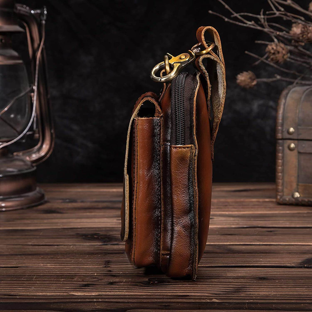 Premium genuine leather men's fanny pack offers secure, hands-free storage for essentials.