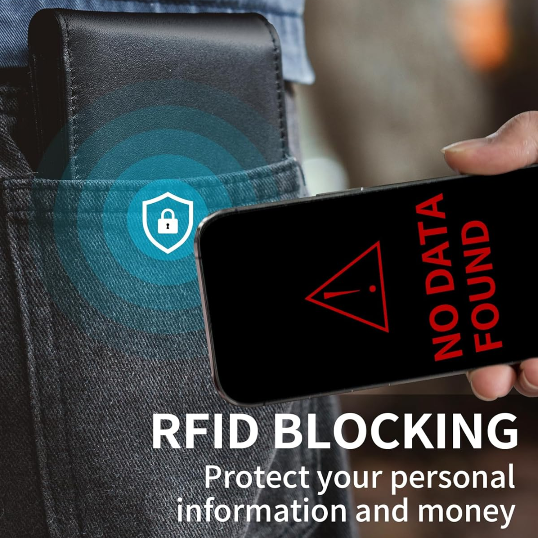 Classic men's genuine leather bifold wallet. RFID blocking security, slim card holder, durable.