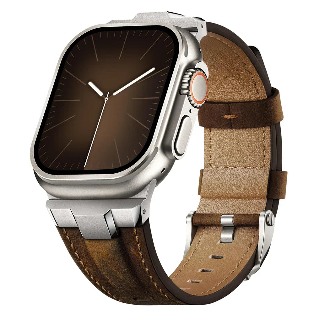 Genuine leather watch band with durable titanium buckle. Stylish unisex accessory, quick release design.
