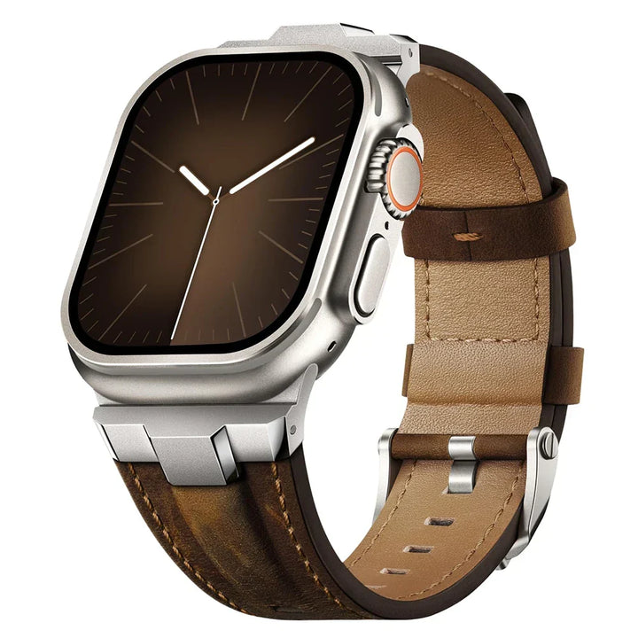 Genuine leather watch band with durable titanium buckle. Stylish unisex accessory, quick release design.