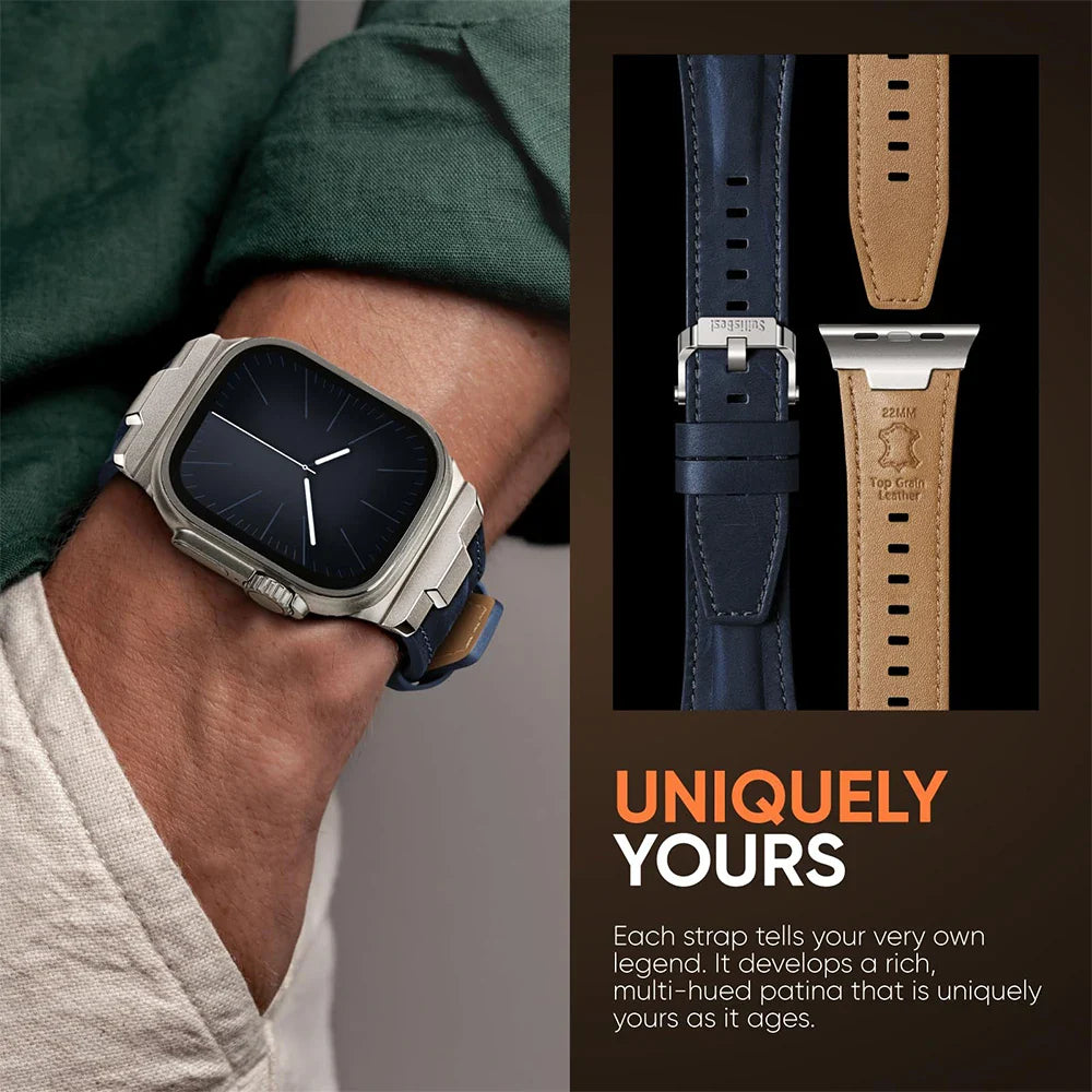 Genuine leather watch band with integrated quick-release pins & titanium buckle for easy changing.