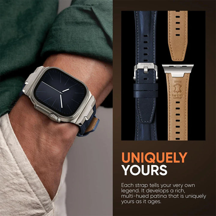 Genuine leather watch band with integrated quick-release pins & titanium buckle for easy changing.