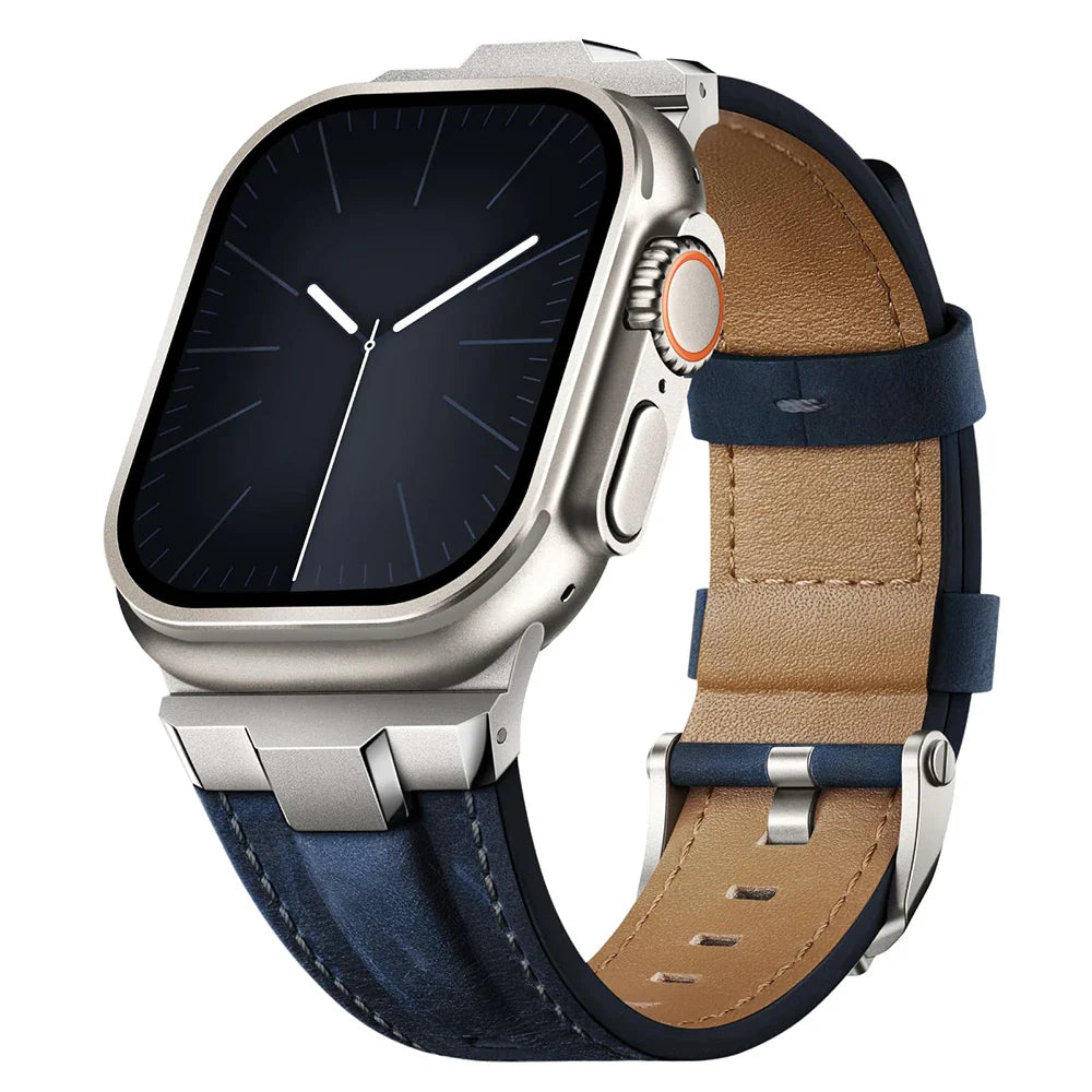 Stylish unisex genuine leather watch band, featuring a sleek titanium buckle. Durable & comfortable.