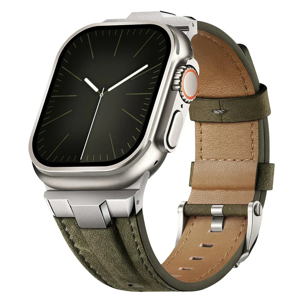 Durable genuine leather watch strap with titanium buckle. Comfortable quick-release watch accessory.
