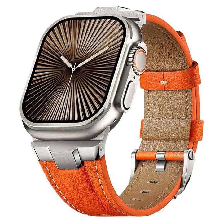 Close-up of genuine leather watch band texture, highlighting the premium finish & titanium buckle.