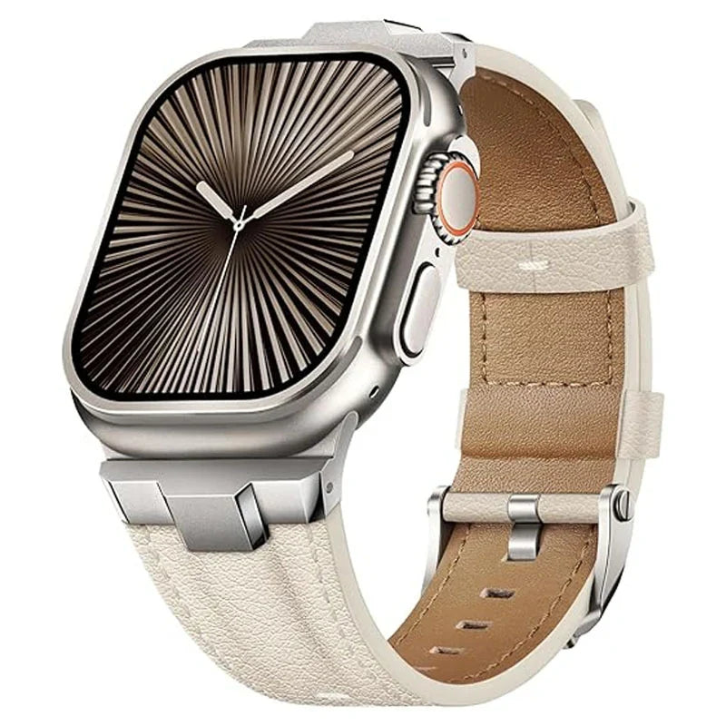Detailed view of titanium buckle on a genuine leather watch strap, enhancing the watch's stylish look.
