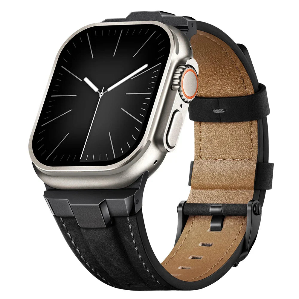 Full length view of a unisex genuine leather watch band with titanium quick release buckle.