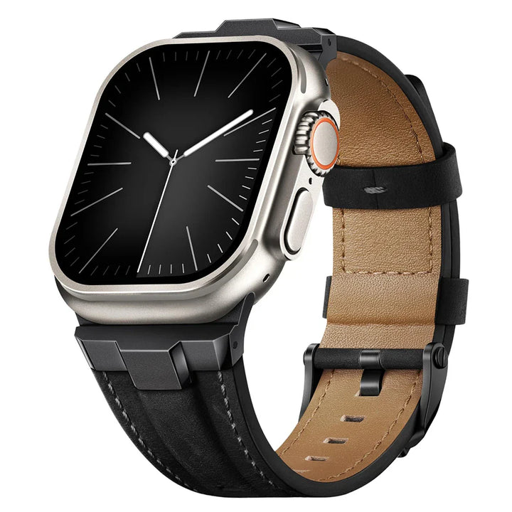 Full length view of a unisex genuine leather watch band with titanium quick release buckle.