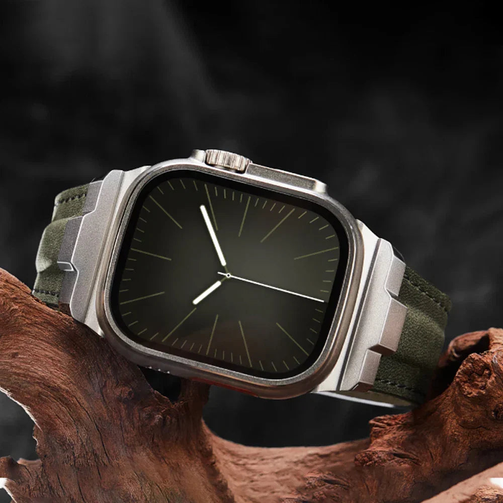 Side profile of a premium genuine leather watch band, showcasing its quality & strong titanium buckle.