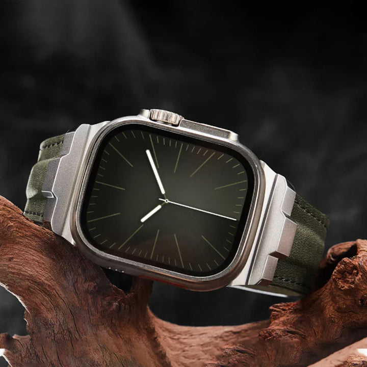 Side profile of a premium genuine leather watch band, showcasing its quality & strong titanium buckle.