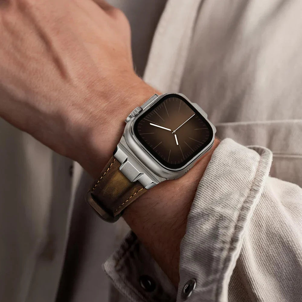 Versatile unisex genuine leather watch strap with titanium buckle, a durable watch accessory.