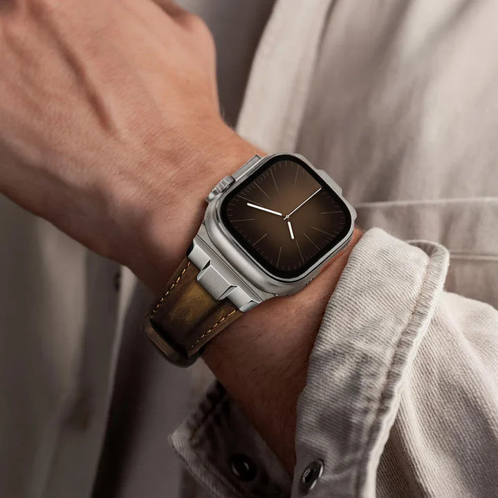 Versatile unisex genuine leather watch strap with titanium buckle, a durable watch accessory.
