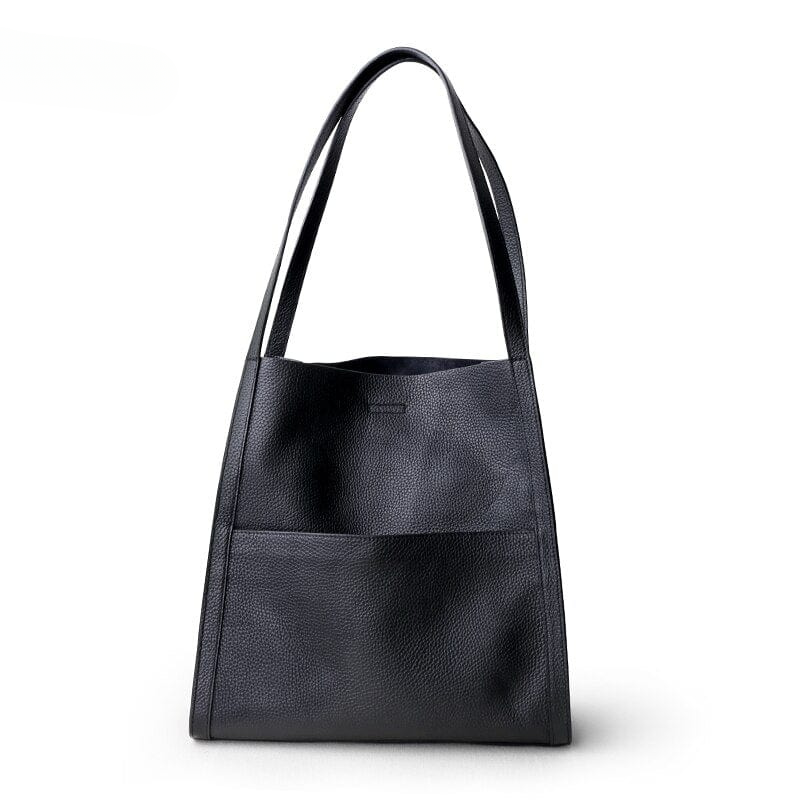 Black genuine leather handbag, a timeless classic style for women's fashion.