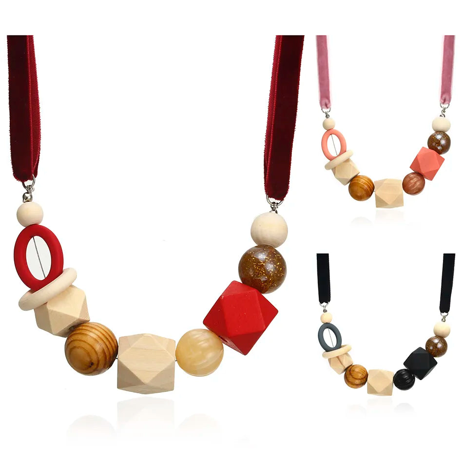 Unique geometric necklace, modern artistic design. Colorful pearl & wood, a stylish women's accessory.