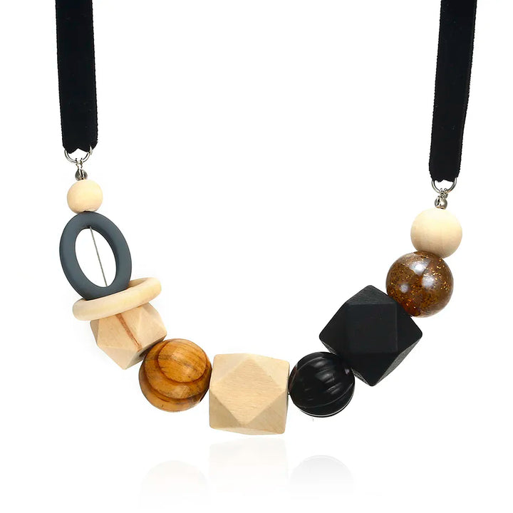 Colorful geometric pearl & wood necklace. Women's modern statement jewelry with adjustable length.