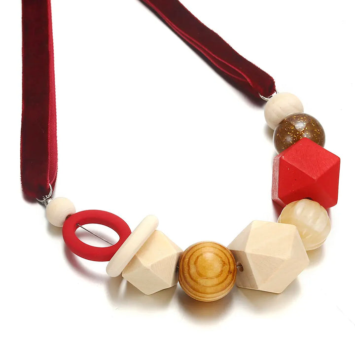 Eye-catching geometric wood and pearl necklace. Modern artistic design, unique fashion accessory.