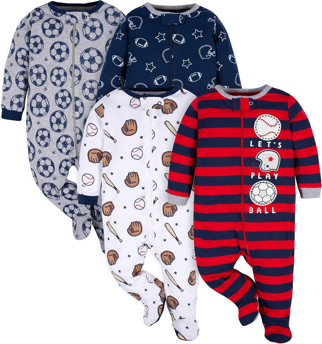 Infant boys' cotton romper by Gerber, designed with feet and a full-length zip, ideal for comfortable sleep.