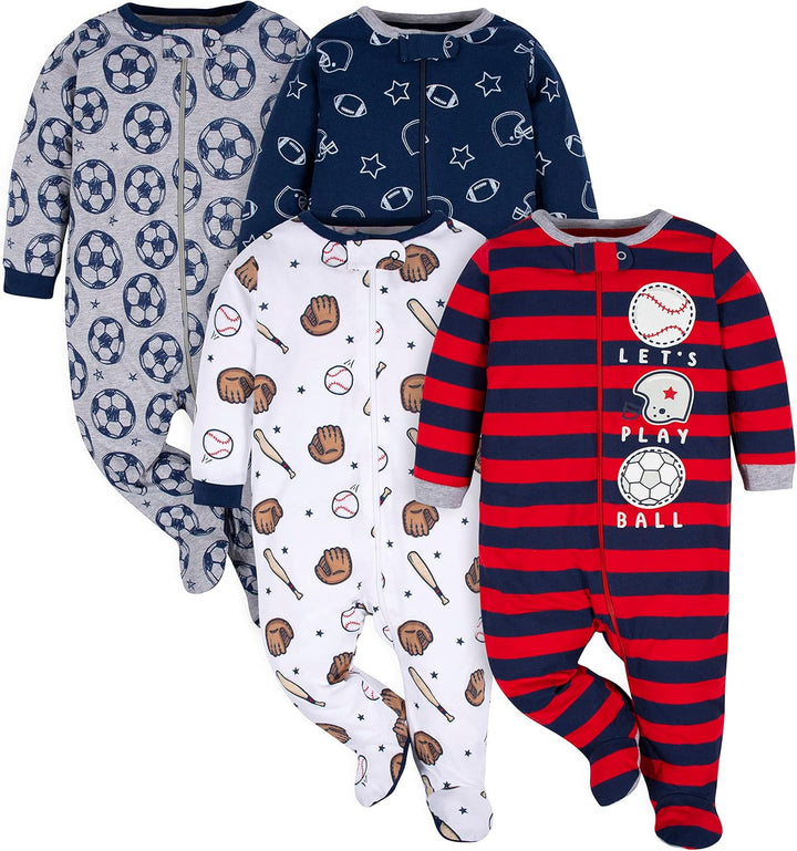 Infant boys' cotton romper by Gerber, designed with feet and a full-length zip, ideal for comfortable sleep.