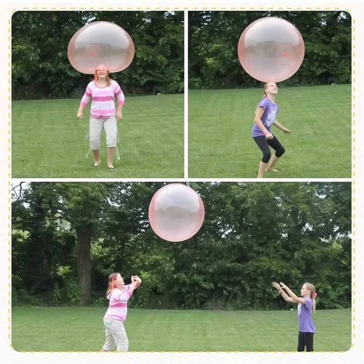 Kids playing with colorful giant jelly balloon balls outdoors, perfect for active summer fun & pool toy.