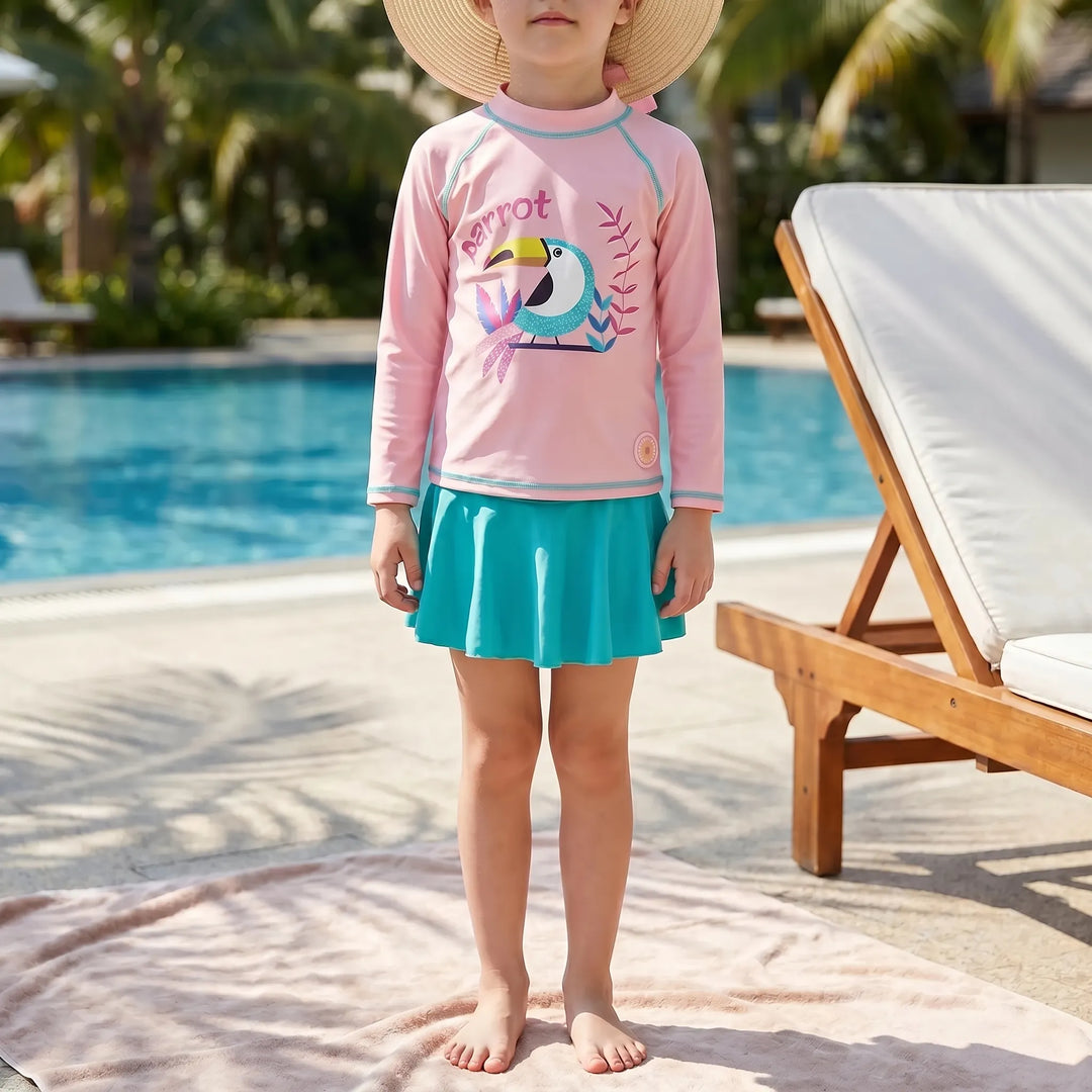 Girls' floral rash guard swimsuit set with sun hat, offering kids sun protection for beach or pool.