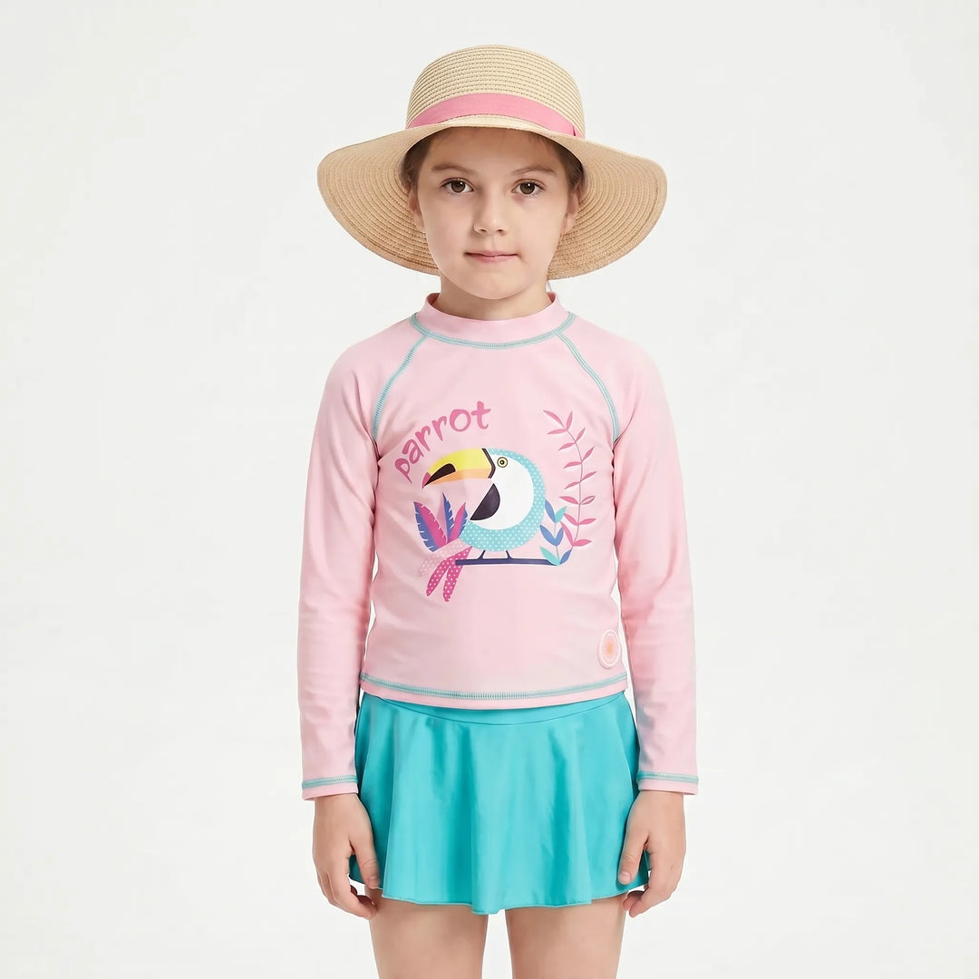 Toddler girls' pink & yellow floral print rash guard swim set with matching sun hat for summer fun.