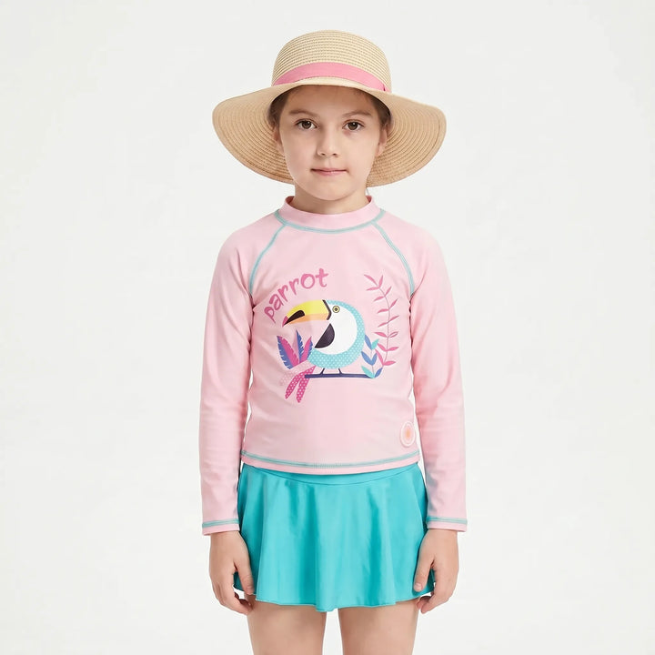 Toddler girls' pink & yellow floral print rash guard swim set with matching sun hat for summer fun.