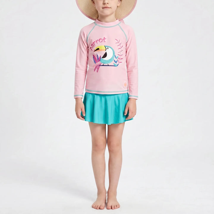 Cute girls' floral rash guard swim set, perfect beachwear for toddlers. Includes top, bottom & sun hat.