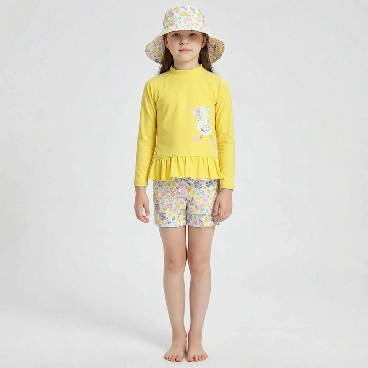 Childrens' floral print rash guard swim set & sun hat. Ideal girls swimwear for sun protection & beach play.