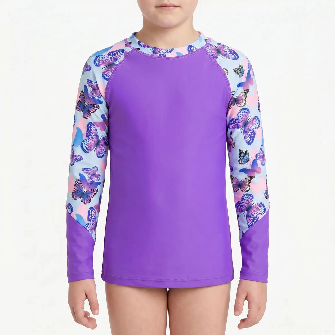 Kids' long-sleeve rash guard swim top. Essential sun protection for girls' outdoor water activities.