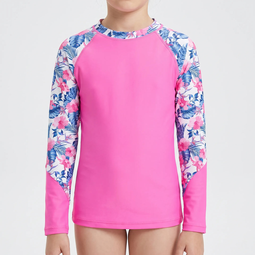 Girls' sun protective long-sleeve rash guard. Perfect swimwear for kids' beach trips & pool adventures.