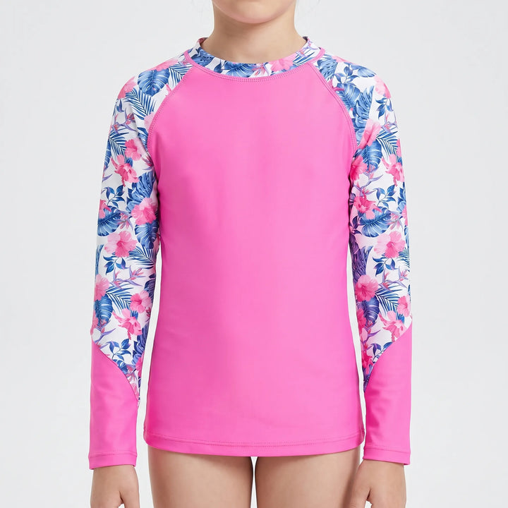 Girls' sun protective long-sleeve rash guard. Perfect swimwear for kids' beach trips & pool adventures.