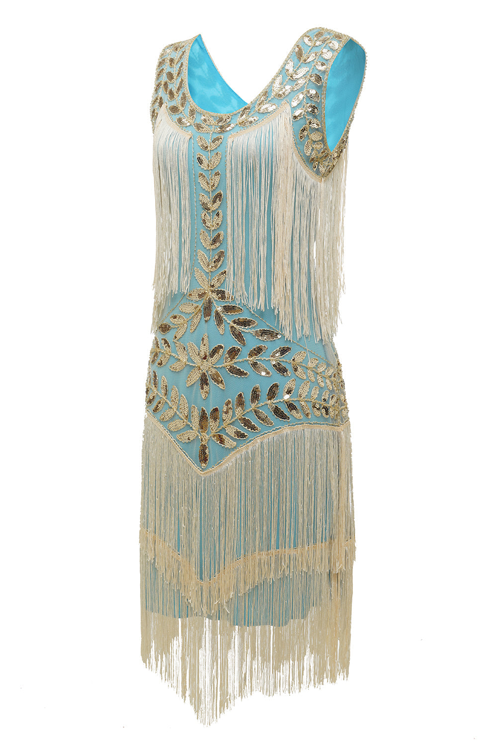 Women's sequin flapper dress, vintage 1920s fashion, featuring delicate pearl detailing and swing design.
