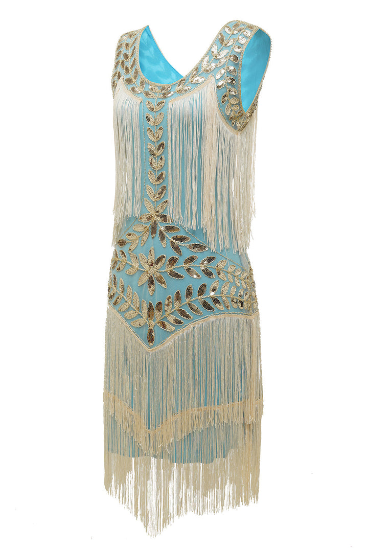 Women's sequin flapper dress, vintage 1920s fashion, featuring delicate pearl detailing and swing design.