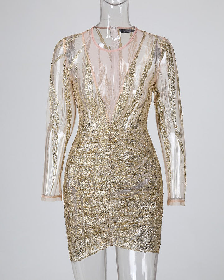 Women's elegant gold bodycon mini dress. Stylish sleeveless design, ideal for a glamorous party, cocktail, or evening event.