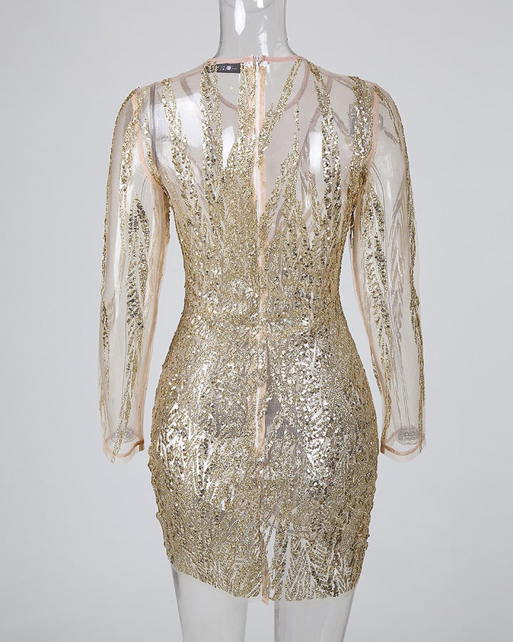 Sleeveless golden bodycon mini dress for women. Elegant and glamorous, this figure-hugging party dress is perfect for evening.