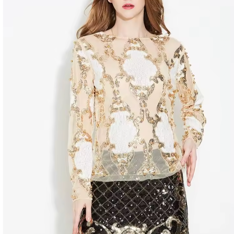 Glamorous women's black and gold sequin party top, perfect for evening events & holidays.