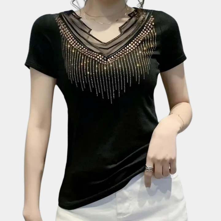 Glamorous women's black sequin V-neck blouse, perfect for evening wear & party outfits. Trendy & chic style.