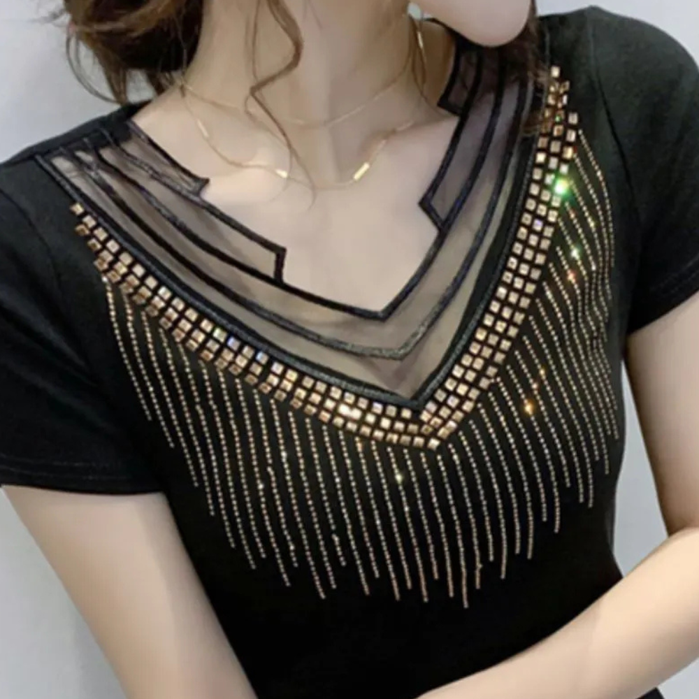 Elegant women's sparkling sequin V-neck top, ideal for special occasions & glamorous evening fashion.