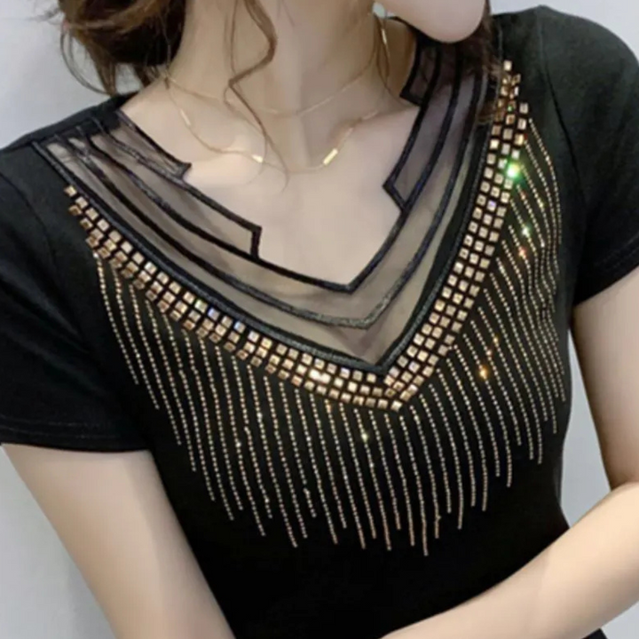 Elegant women's sparkling sequin V-neck top, ideal for special occasions & glamorous evening fashion.