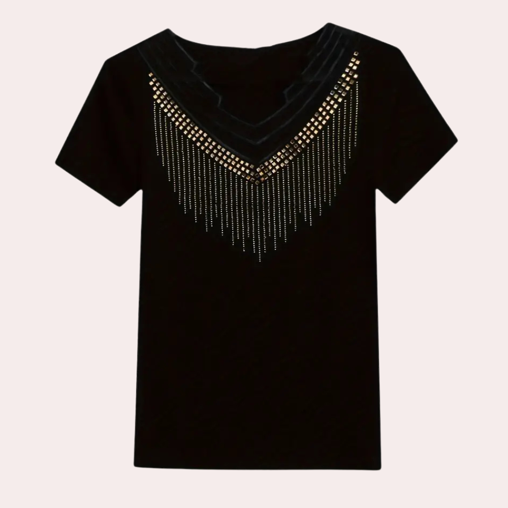 Chic women's sparkly sequin V-neck top. Glamorous evening wear, perfect for a fashionable party outfit.