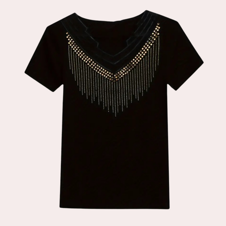 Chic women's sparkly sequin V-neck top. Glamorous evening wear, perfect for a fashionable party outfit.
