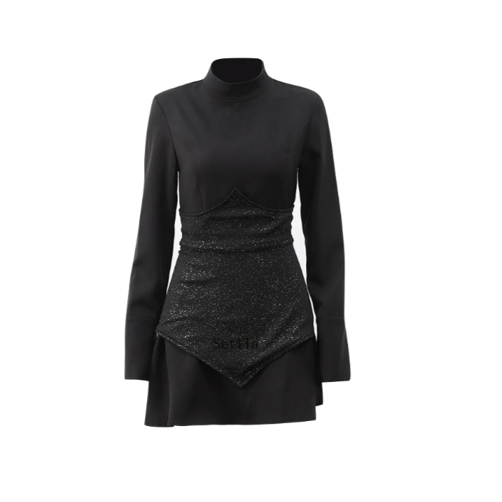 Shimmering black sparkle mini party dress for women, perfect glamorous evening wear. Short and stylish.