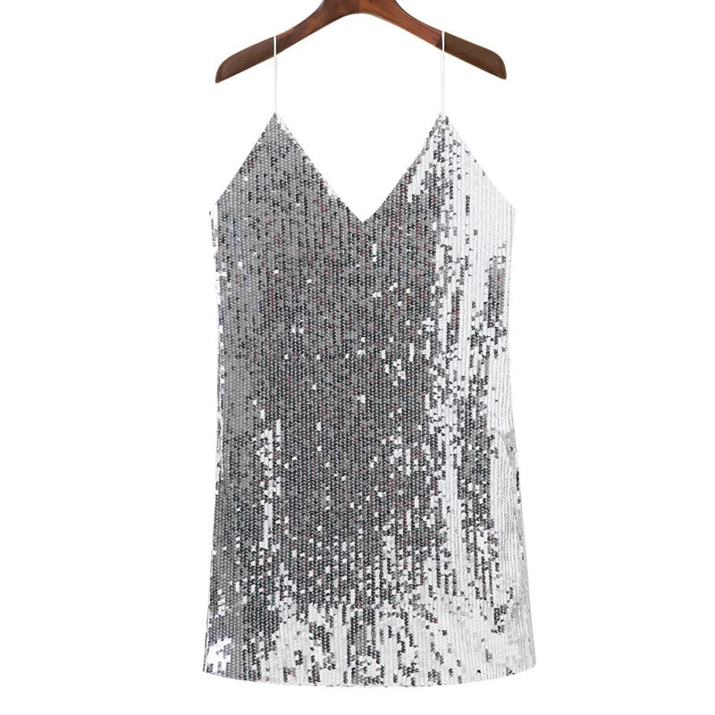 Glamorous women's Lula sequined mini dress, perfect for parties & evening wear. Shimmering silver sparkle.