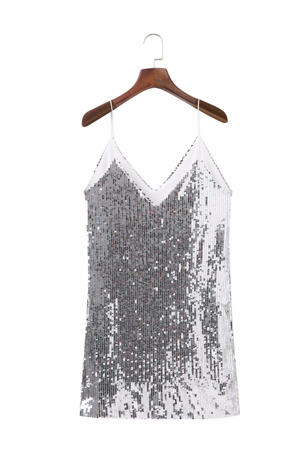 Elegant Lula silver sequined mini dress, a sparkling women's cocktail party dress for special occasions.