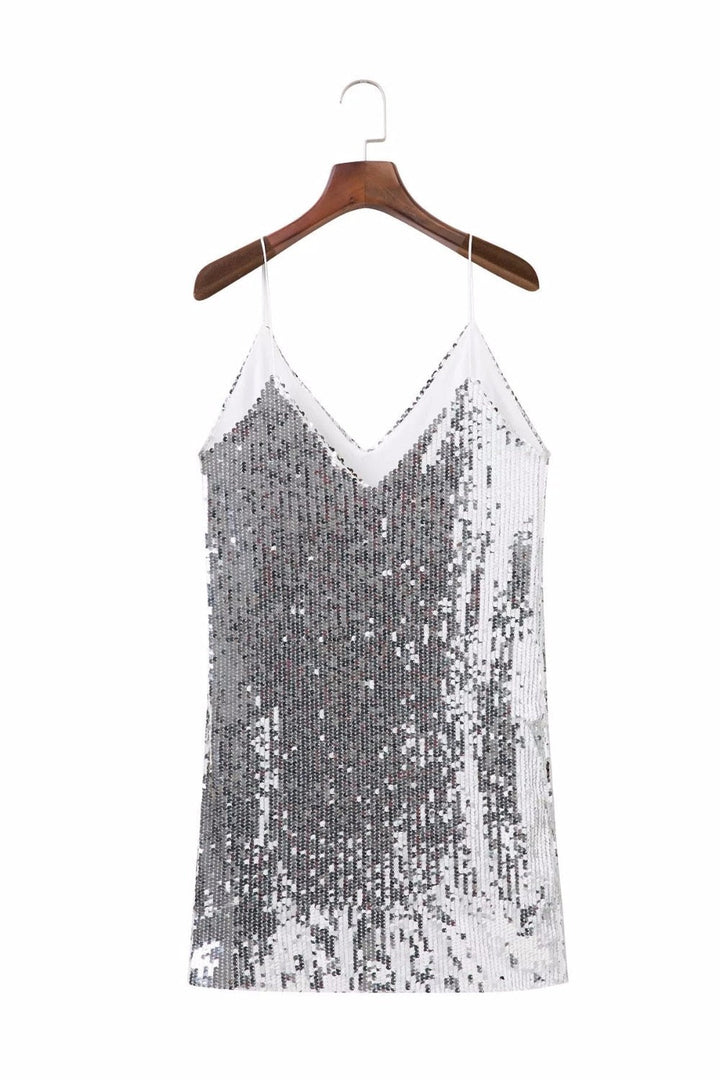 Elegant Lula silver sequined mini dress, a sparkling women's cocktail party dress for special occasions.
