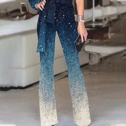 Dynamic ombre one-shoulder jumpsuit for women, featuring a flowing wide-leg design for dance and festivals.