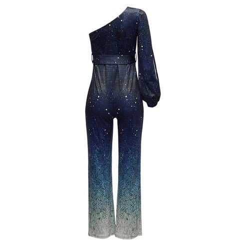 Stylish women's one-shoulder ombre disco jumpsuit with wide-leg silhouette, a fashionable party outfit.