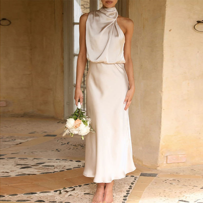 Chic one-shoulder satin maxi dress for women. Elegant formal gown, ideal for wedding guests & special occasion parties.