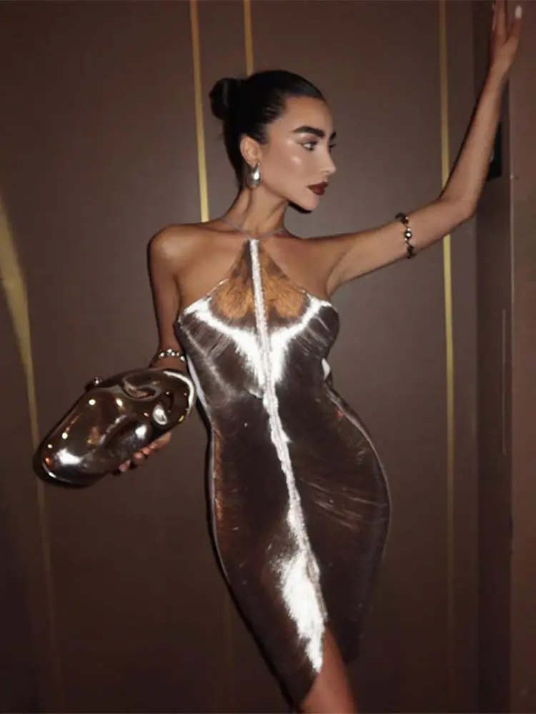 Chic women's metallic mini party dress with a beautiful shimmer, ideal for a night out.
